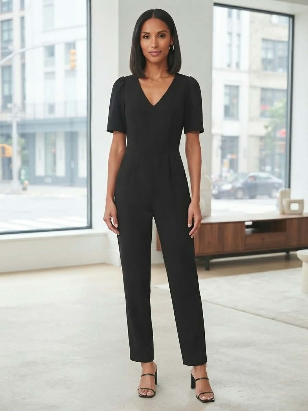 DKNY Black V-Neck Short Sleeve Jumpsuit Size S